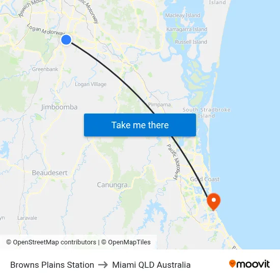 Browns Plains Station to Miami QLD Australia map