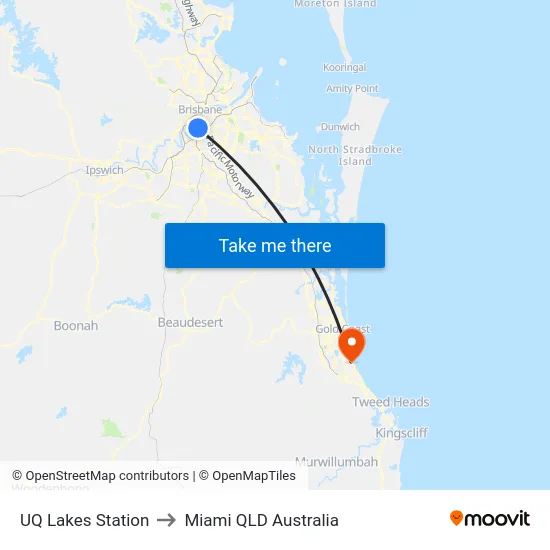 UQ Lakes Station to Miami QLD Australia map