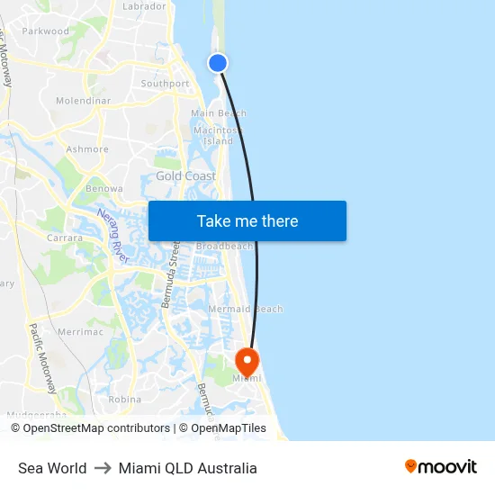 Sea World to Miami QLD Australia map