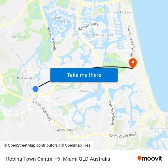 Robina Town Centre to Miami QLD Australia map