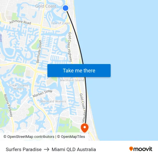 Surfers Paradise to Miami QLD Australia map
