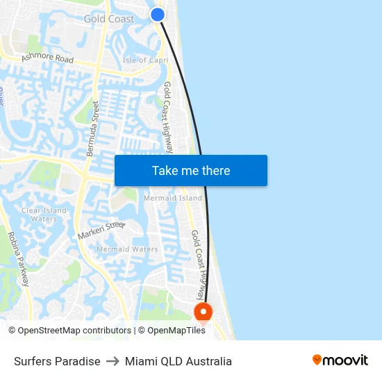 Surfers Paradise to Miami QLD Australia map