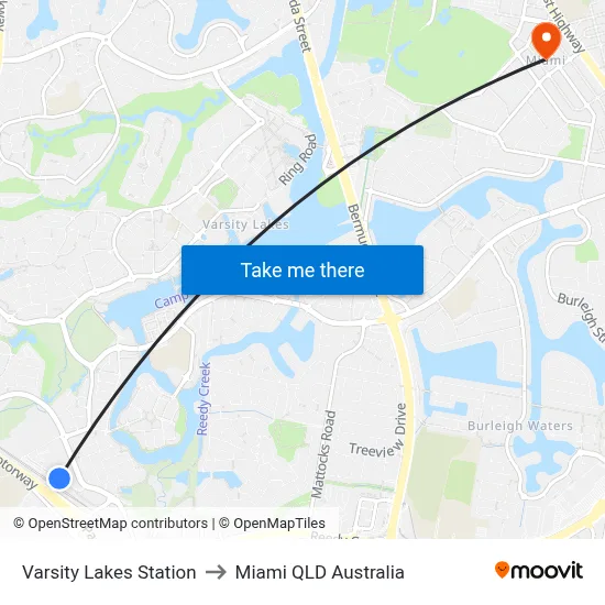 Varsity Lakes Station to Miami QLD Australia map