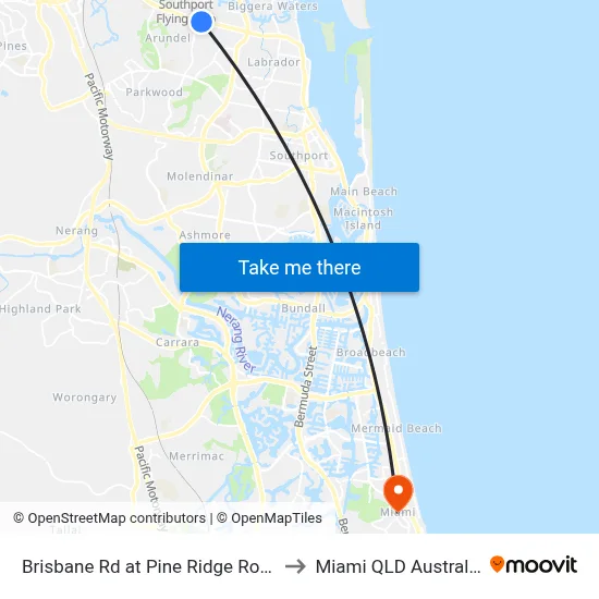 Brisbane Rd at Pine Ridge Road to Miami QLD Australia map