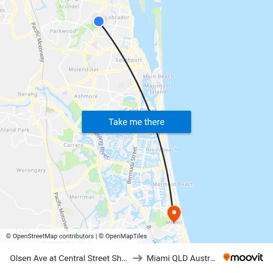Olsen Ave at Central Street Shops to Miami QLD Australia map