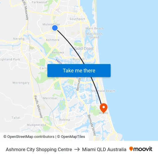Ashmore City Shopping Centre to Miami QLD Australia map