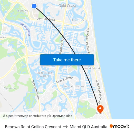Benowa Rd at Collins Crescent to Miami QLD Australia map
