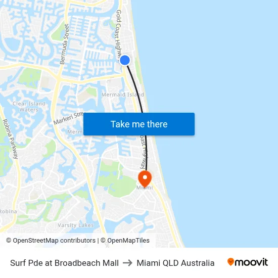 Surf Pde at Broadbeach Mall to Miami QLD Australia map
