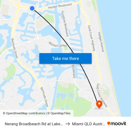 Nerang Broadbeach Rd at Lakes Esp to Miami QLD Australia map