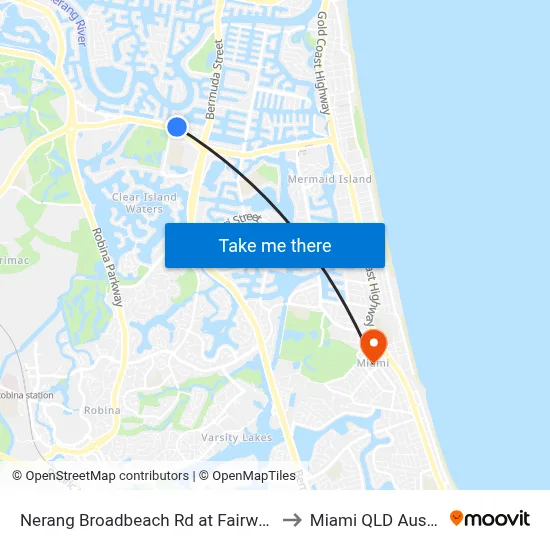 Nerang Broadbeach Rd at Fairway Drive to Miami QLD Australia map