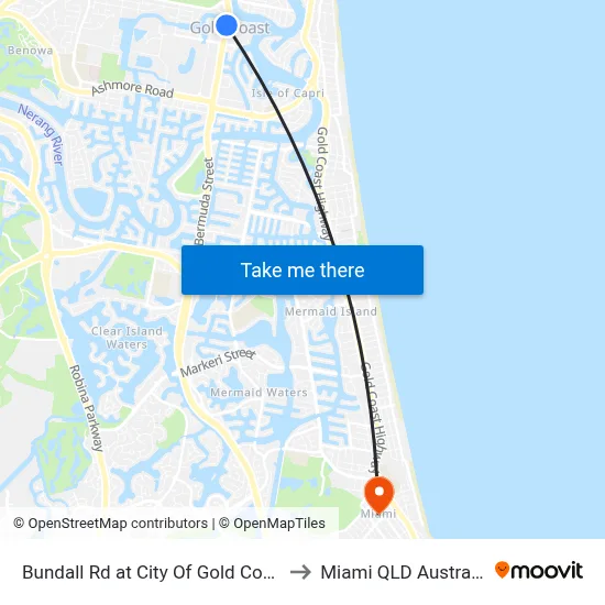 Bundall Rd at City Of Gold Coast to Miami QLD Australia map