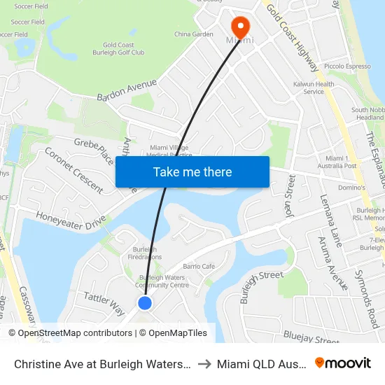 Christine Ave at Burleigh Waters Library to Miami QLD Australia map