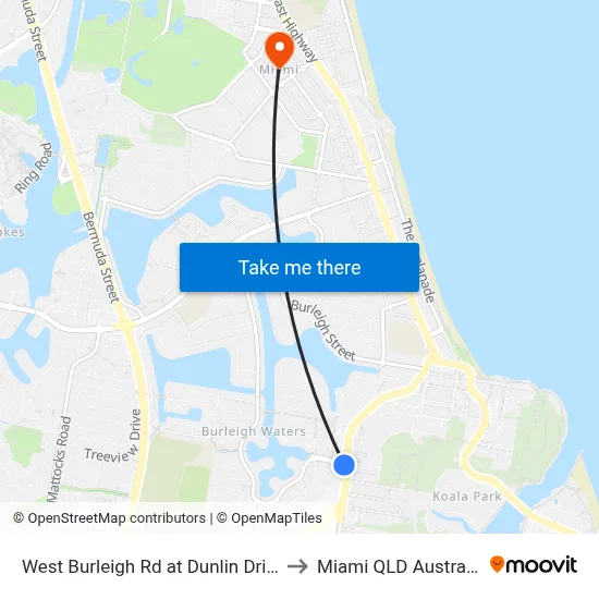 West Burleigh Rd at Dunlin Drive to Miami QLD Australia map
