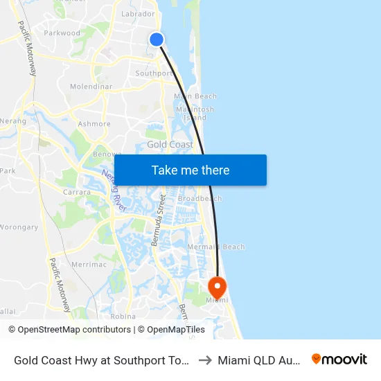 Gold Coast Hwy at Southport Tourist Park to Miami QLD Australia map