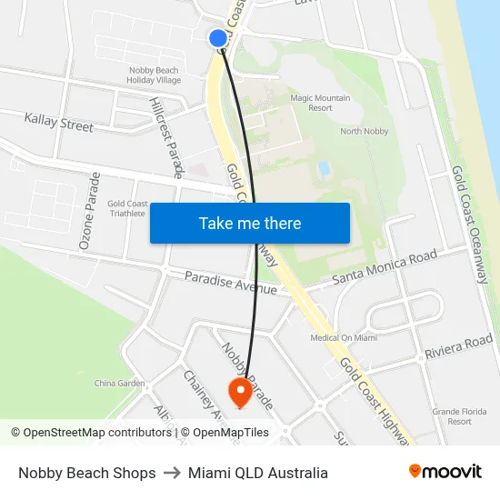 Nobby Beach Shops to Miami QLD Australia map