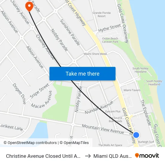 Christine Avenue Closed Until April 2026 to Miami QLD Australia map