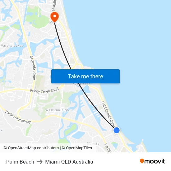 Palm Beach to Miami QLD Australia map
