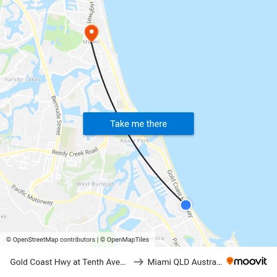 Gold Coast Hwy at Tenth Avenue to Miami QLD Australia map