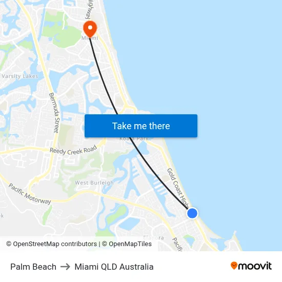 Palm Beach to Miami QLD Australia map