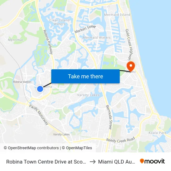 Robina Town Centre Drive at Scottsdale Dr to Miami QLD Australia map