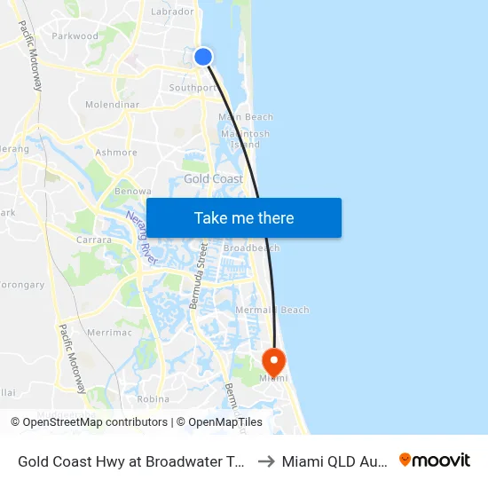 Gold Coast Hwy at Broadwater Tourist Park to Miami QLD Australia map