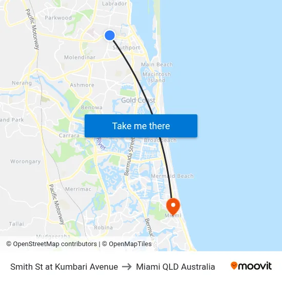 Smith St at Kumbari Avenue to Miami QLD Australia map