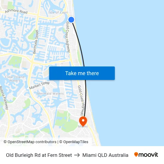 Old Burleigh Rd at Fern Street to Miami QLD Australia map