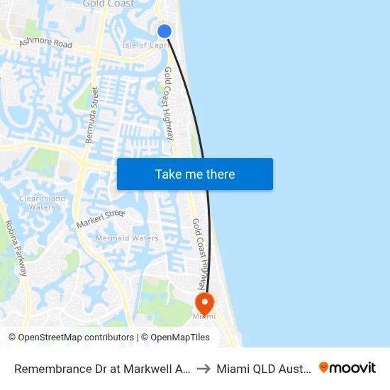Remembrance Dr at Markwell Avenue to Miami QLD Australia map