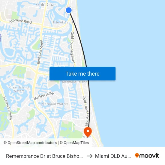 Remembrance Dr at Bruce Bishop Car Park to Miami QLD Australia map