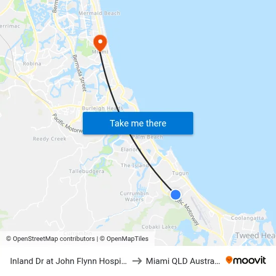 Inland Dr at John Flynn Hospital to Miami QLD Australia map