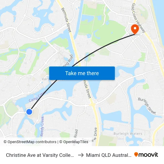 Christine Ave at Varsity College to Miami QLD Australia map