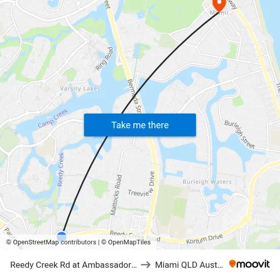 Reedy Creek Rd at Ambassador Drive to Miami QLD Australia map