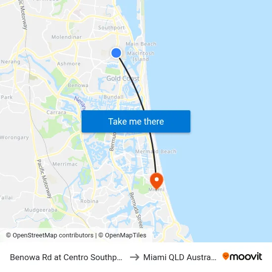 Benowa Rd at Centro Southport to Miami QLD Australia map