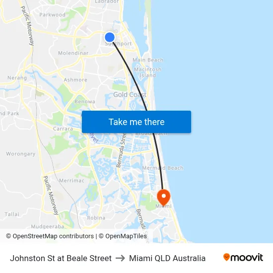Johnston St at Beale Street to Miami QLD Australia map