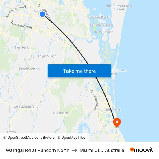 Warrigal Rd at Runcorn North to Miami QLD Australia map