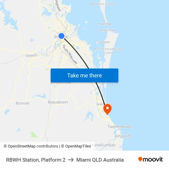 RBWH Station, Platform 2 to Miami QLD Australia map
