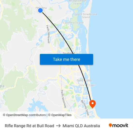 Rifle Range Rd at Bull Road to Miami QLD Australia map