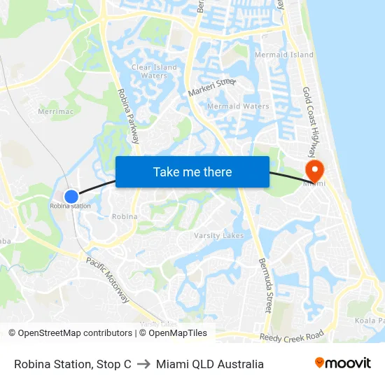 Robina Station, Stop C to Miami QLD Australia map