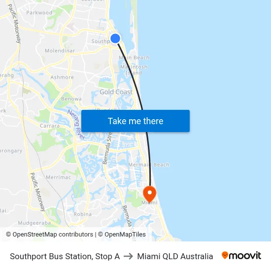 Southport Bus Station, Stop A to Miami QLD Australia map