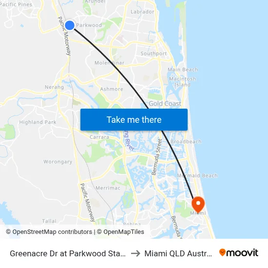 Greenacre Dr at Parkwood Station to Miami QLD Australia map