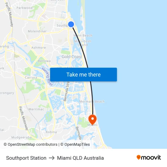 Southport Station to Miami QLD Australia map