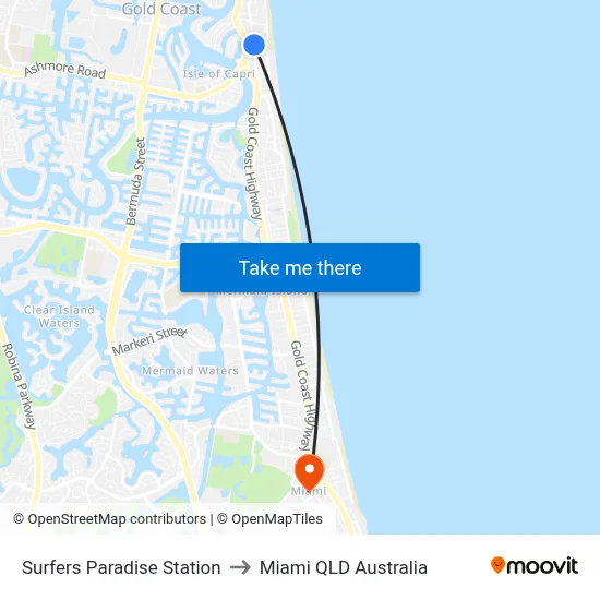 Surfers Paradise Station to Miami QLD Australia map