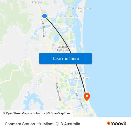 Coomera Station to Miami QLD Australia map