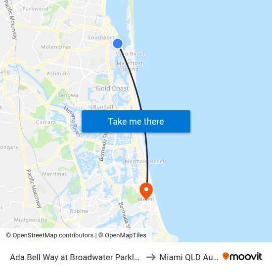 Ada Bell Way at Broadwater Parklands Station to Miami QLD Australia map