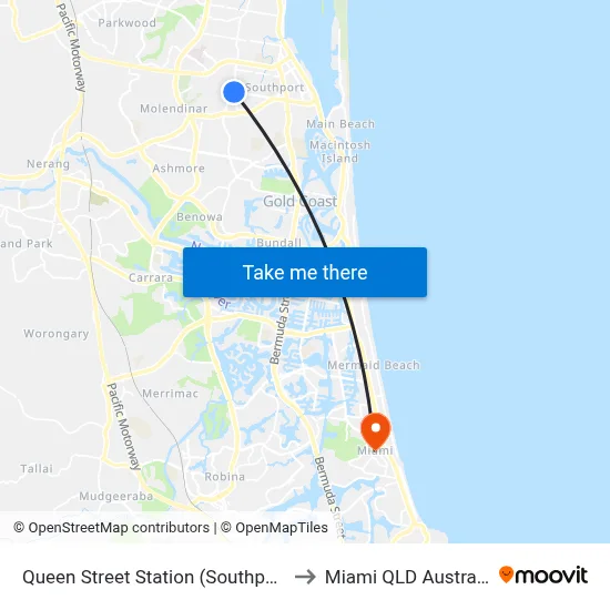 Queen Street Station (Southport) to Miami QLD Australia map