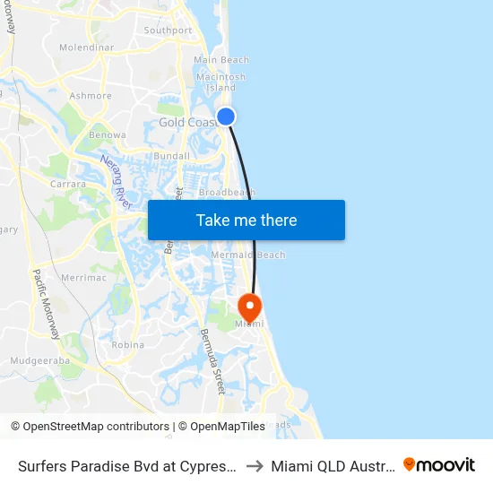 Surfers Paradise Bvd at Cypress Ave to Miami QLD Australia map