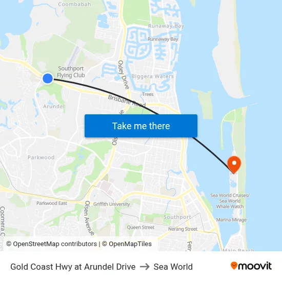 Gold Coast Hwy at Arundel Drive to Sea World map