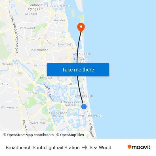 Broadbeach South light rail Station to Sea World map