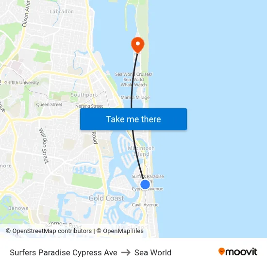 Surfers Paradise Cypress Ave to Sea World map