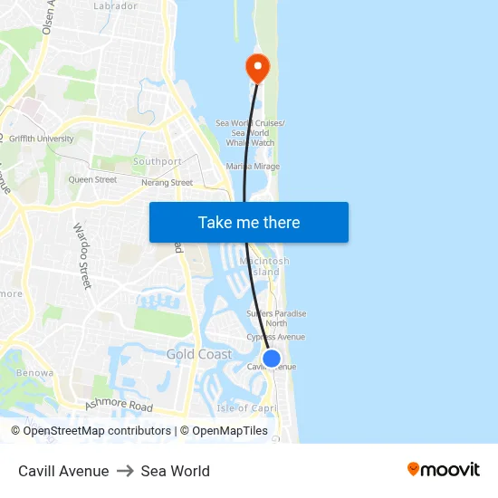 Cavill Avenue to Sea World map